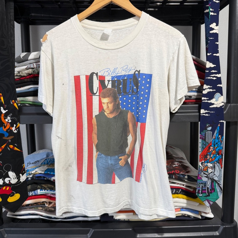 Vintage 90s White Billy Ray Cyrus Tour Tee Medium Thrashing & Marks